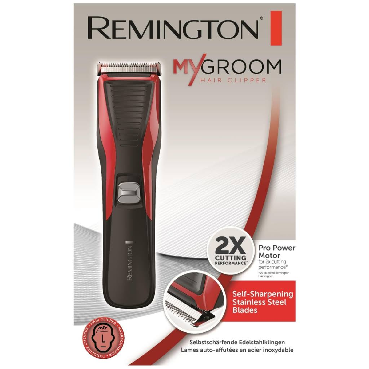 Tagliacapelli Remington My Groom. Design rosso e nero. Prestazioni di taglio 2x. Lame in acciaio inox autoaffilanti.