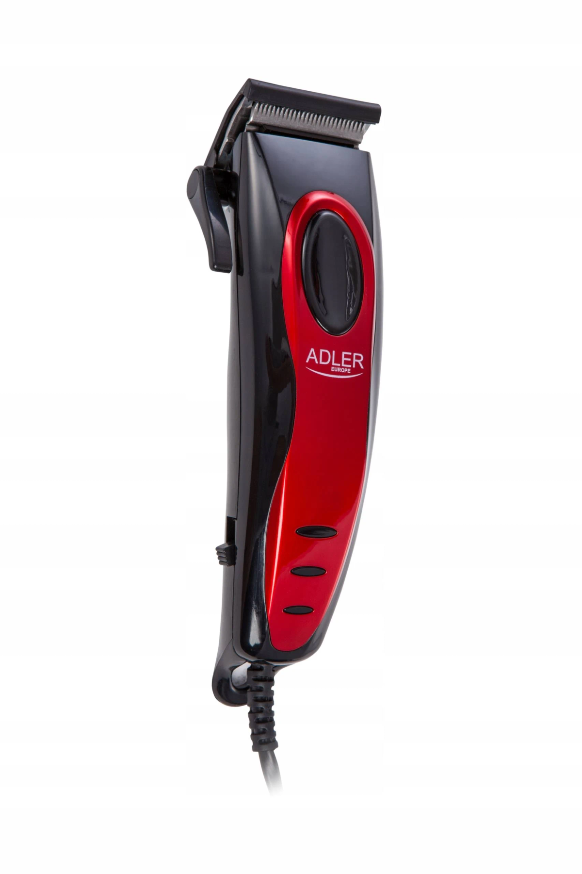 Cortapelos ADLER rojo y negro. Cable de alimentación negro se extiende desde abajo.