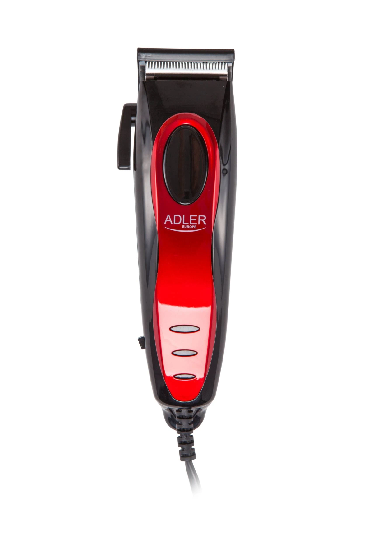 Cortapelos eléctrico negro y rojo con la marca ADLER. Fondo blanco.