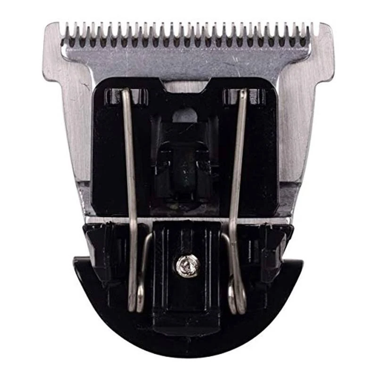 Primer plano de una cuchilla de cortapelos negra. Tiene dientes plateados y un cuerpo negro.