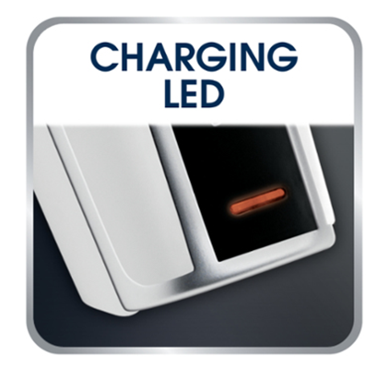 Primer plano de un indicador de carga. Una pequeña luz naranja está encendida, con el texto 'CHARGING LED'.