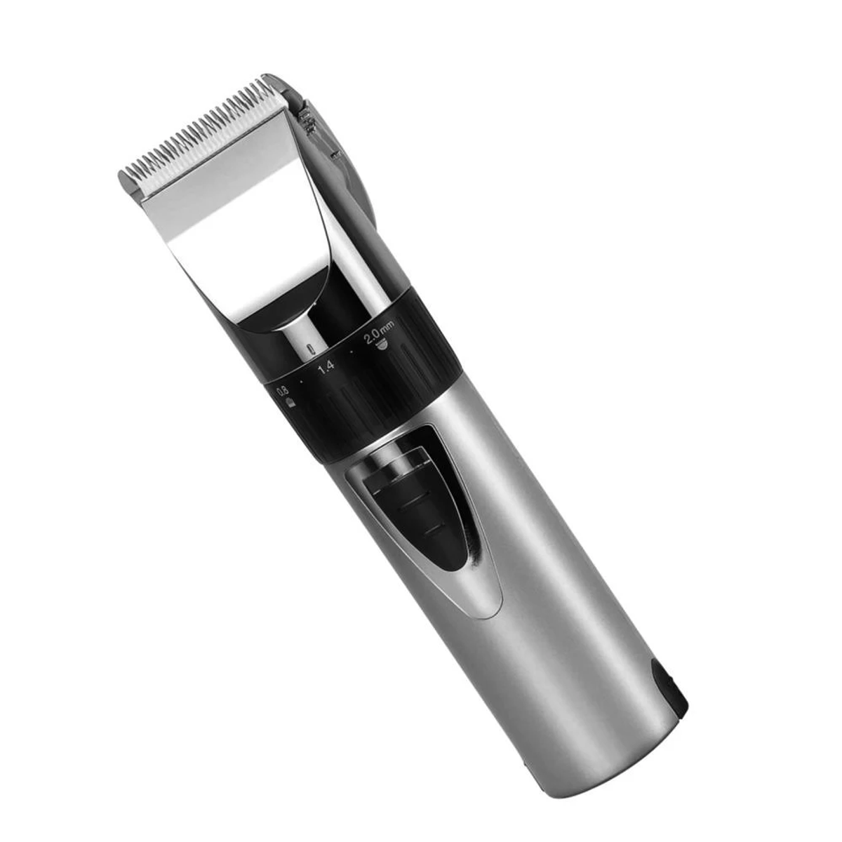 Srebrno-czarna maszynka do strzyżenia włosów na białej powierzchni.
