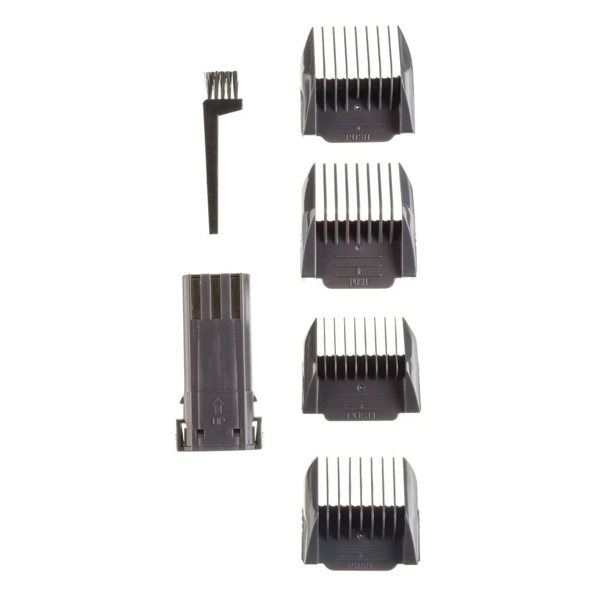 Akcesoria do maszynki do włosów. Obejmują grzebienie, szczoteczkę do czyszczenia i bazę ładującą.