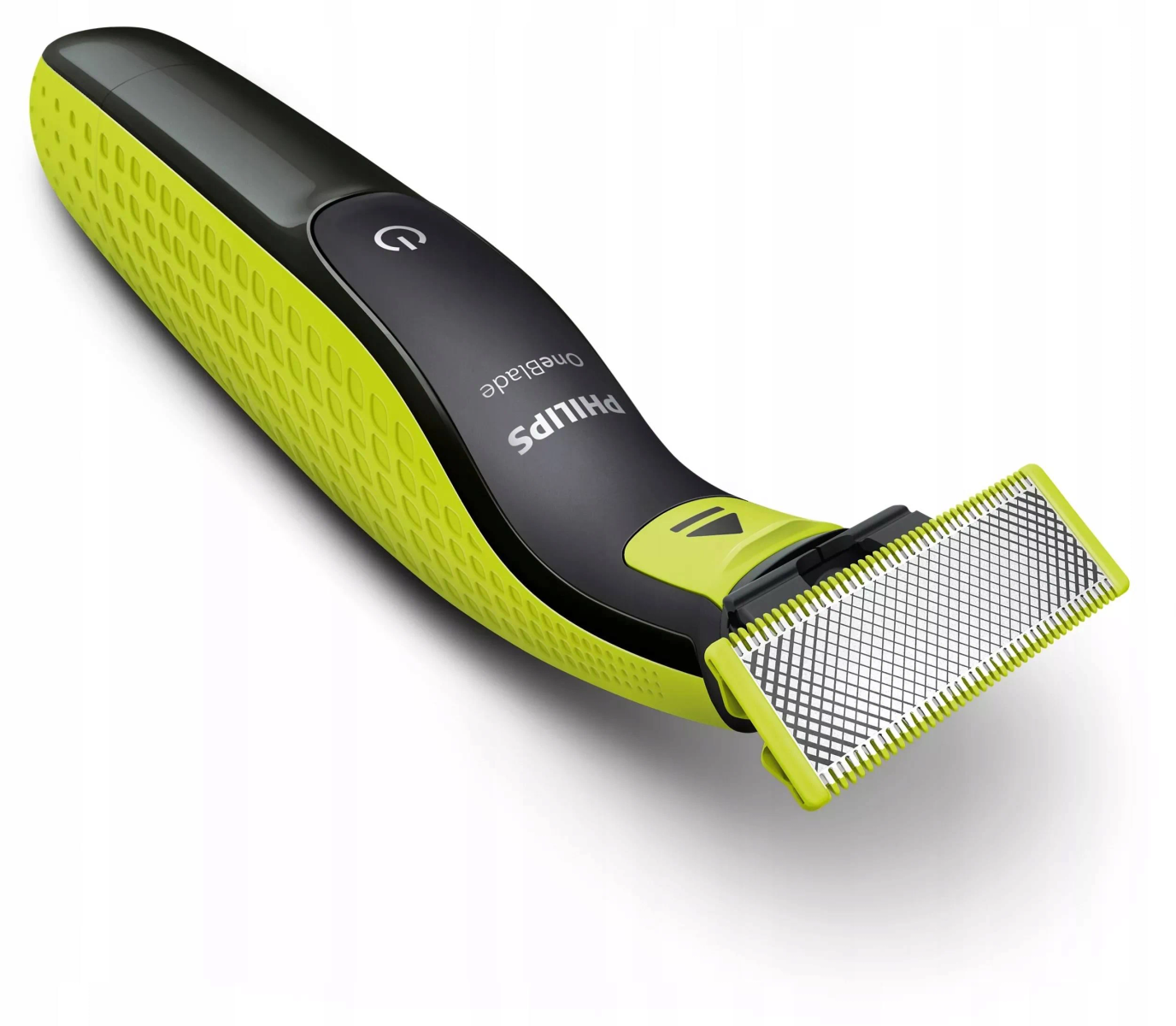Beyaz zemin üzerinde sarı ve siyah Philips OneBlade tıraş makinesi, açılı görünüm.