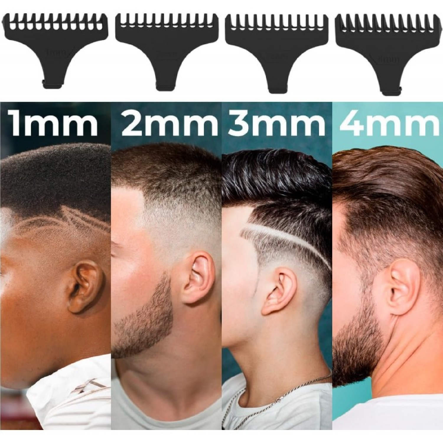 Cuatro estilos de cabello con diferentes longitudes de guarda y números correspondientes.