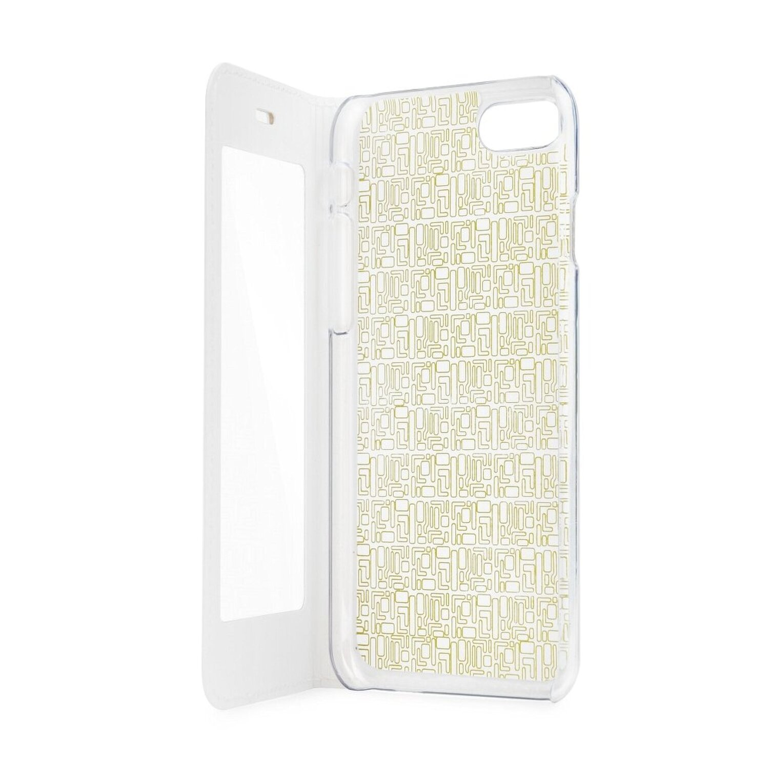 Weißes Handycase, offen, mit gemustertem Innendesign. Kein Telefon vorhanden.