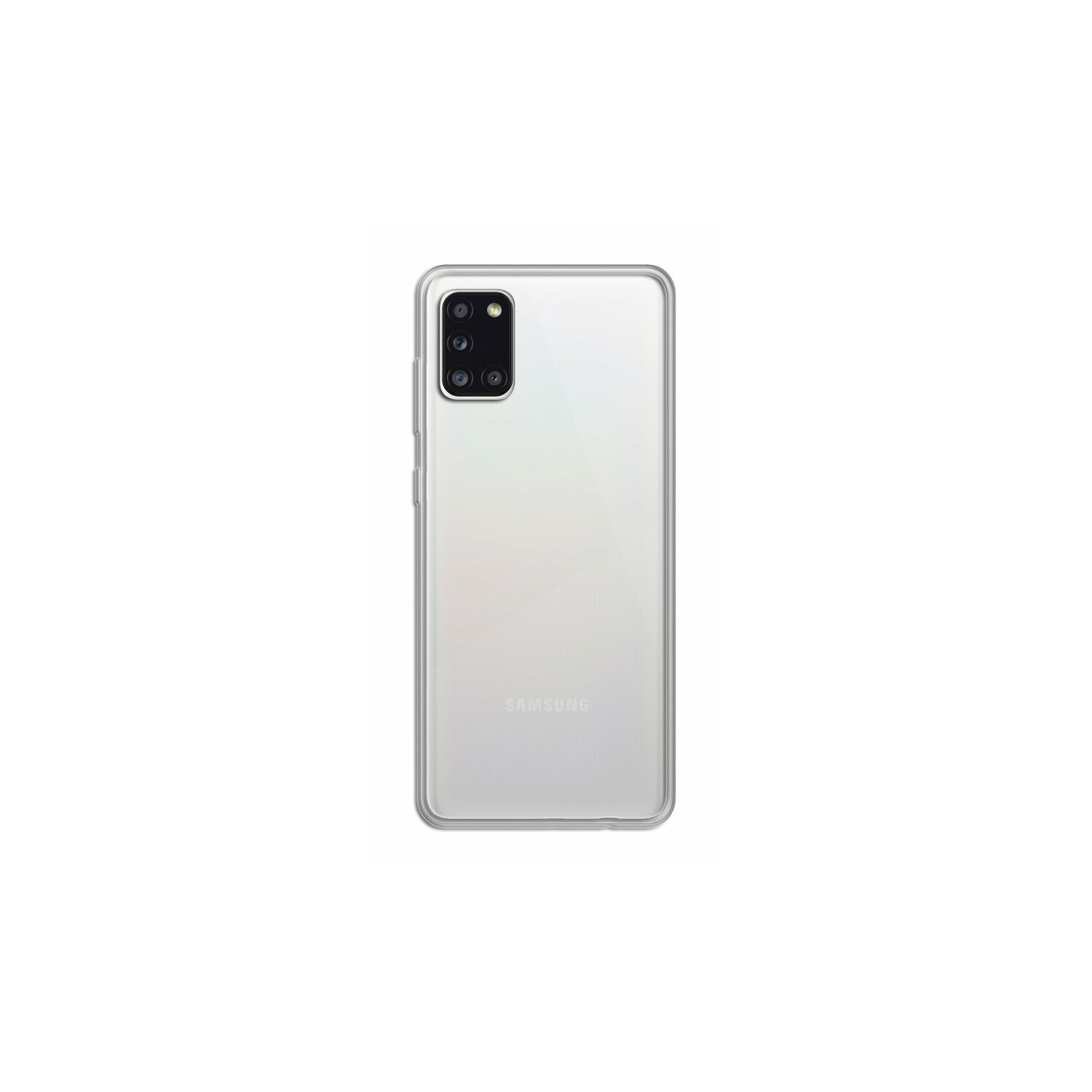 Weißes Samsung-Telefon mit transparentem Case, drei Rückkameras.