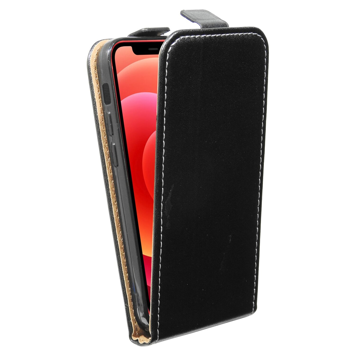 Schwarze Handyhülle mit einem Handy darin. Der Bildschirm zeigt rot und pink.