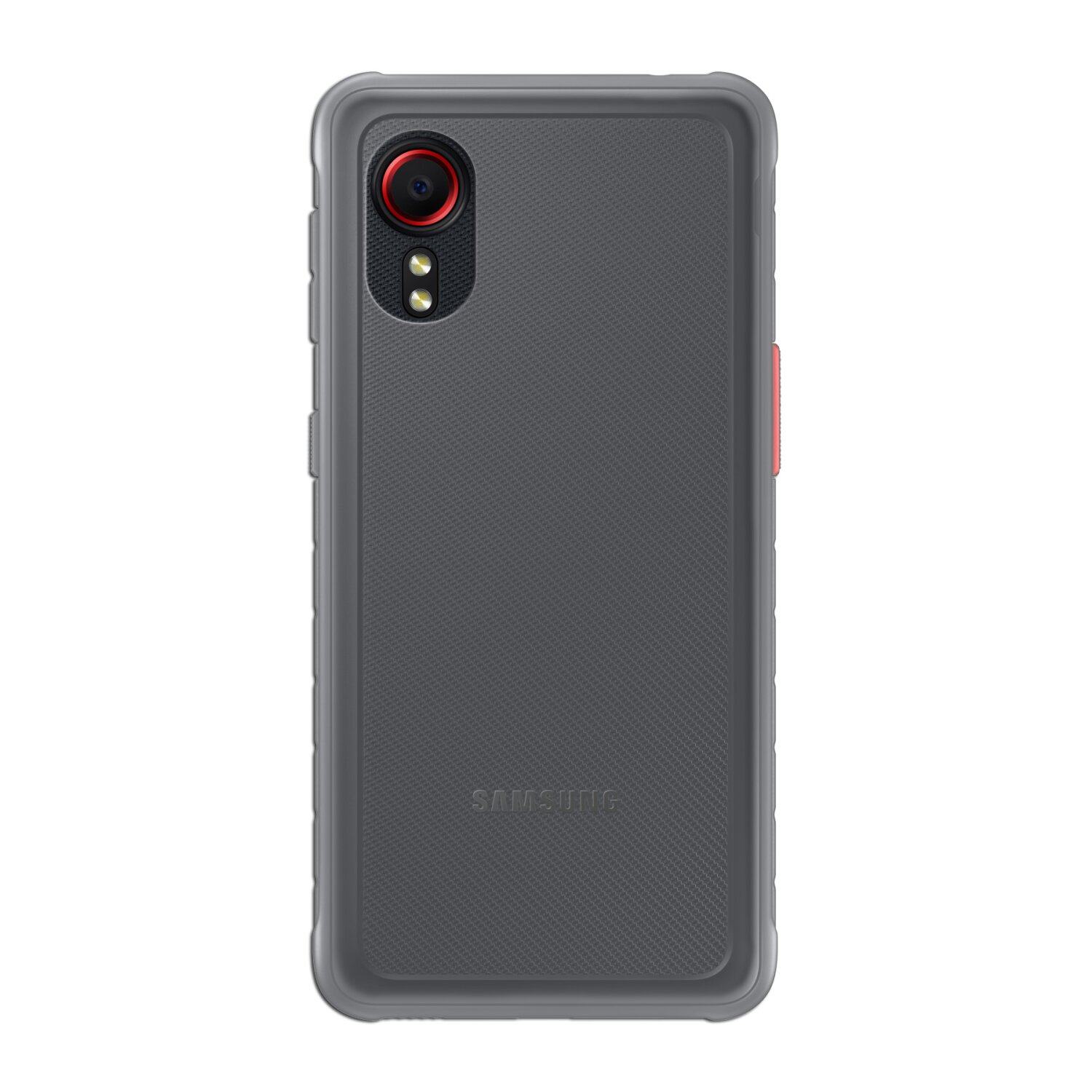 Dunkelgraues Telefon mit rotem Kameraring und grauem Gehäuse.