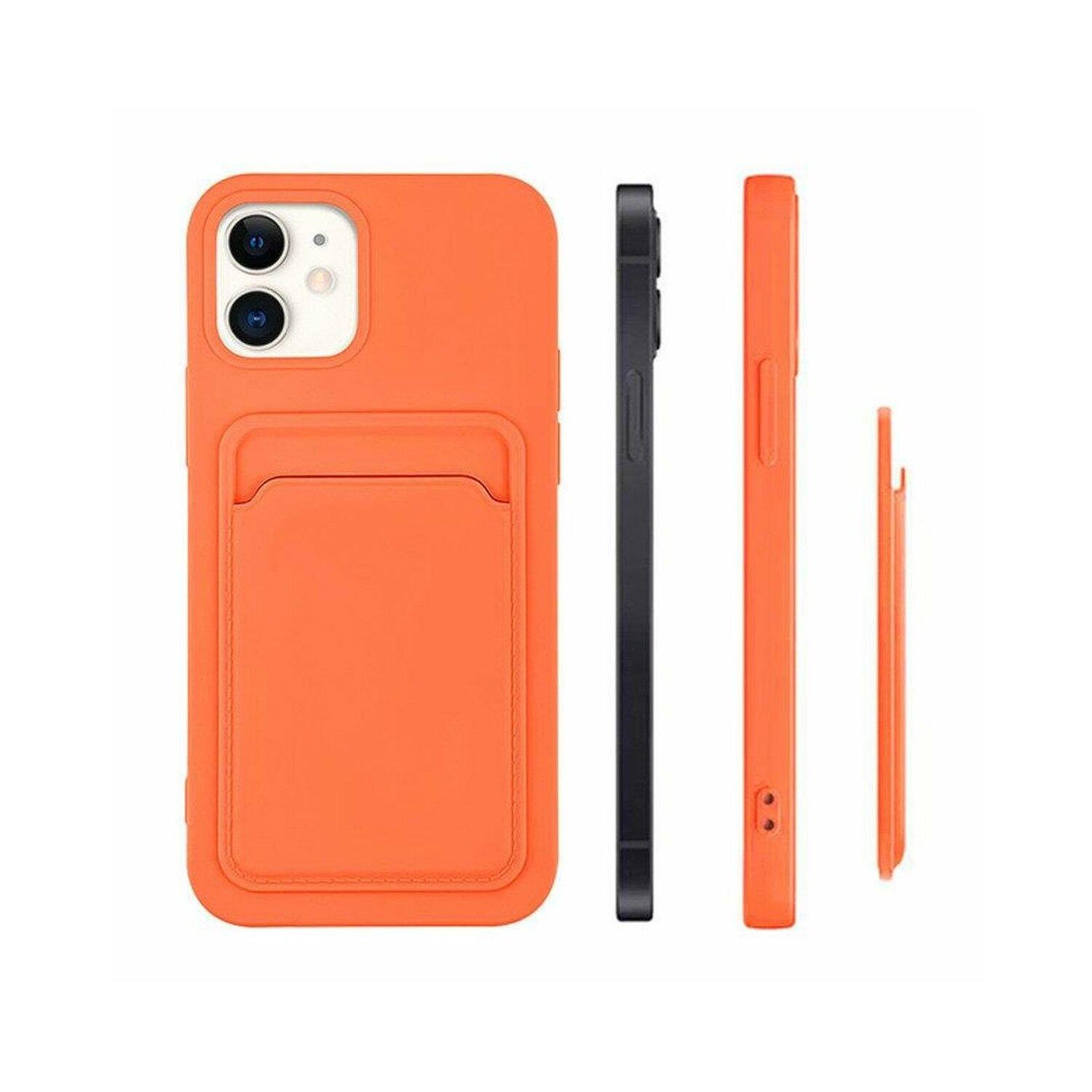 Orangefarbene Handyhülle mit Kartenfach. Mehrere Ansichten: vorne, Seite, Kante und Tasche.