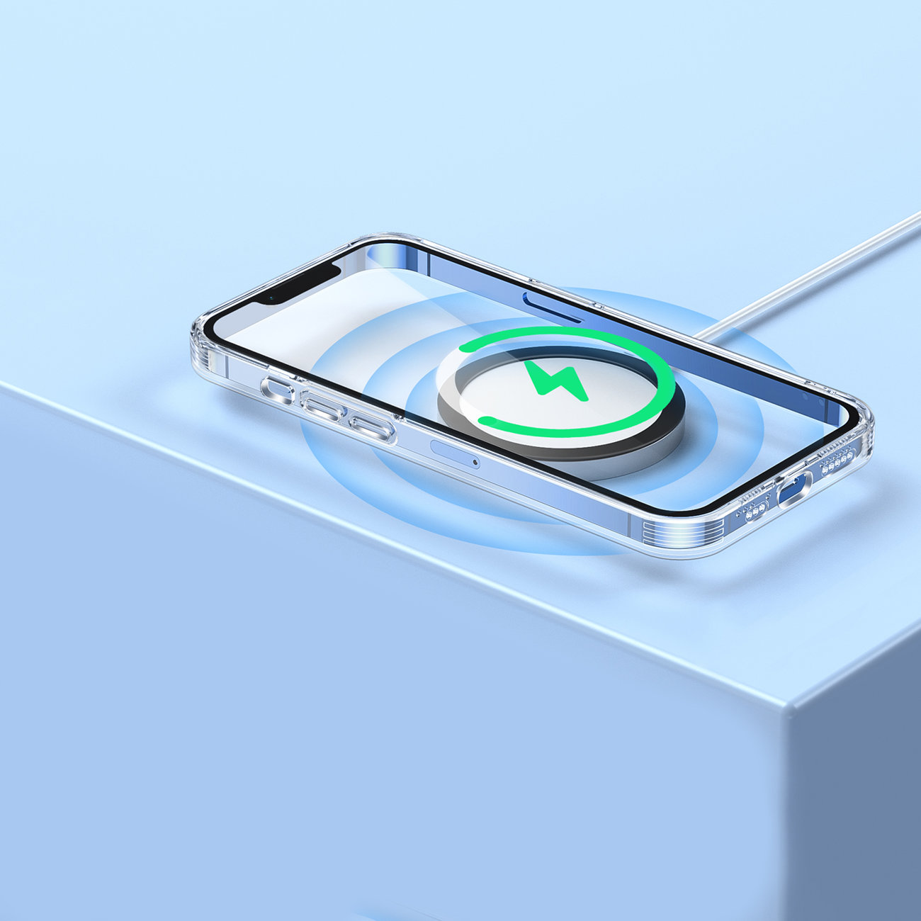 Telefon wird kabellos geladen. Telefon in blauem Gehäuse auf blauer Oberfläche. Grünes Energiesymbol.
