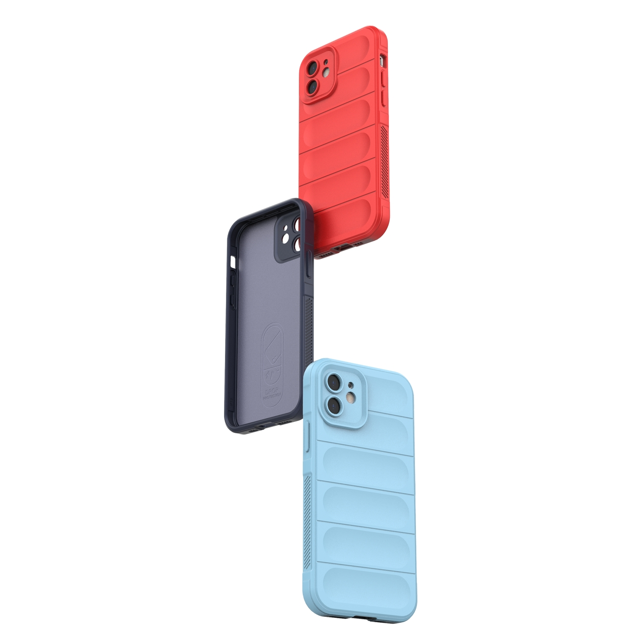 Drei Handyhüllen in Rot, Schwarz und Hellblau, vertikal angeordnet. Die Hüllen haben ein geripptes Design.