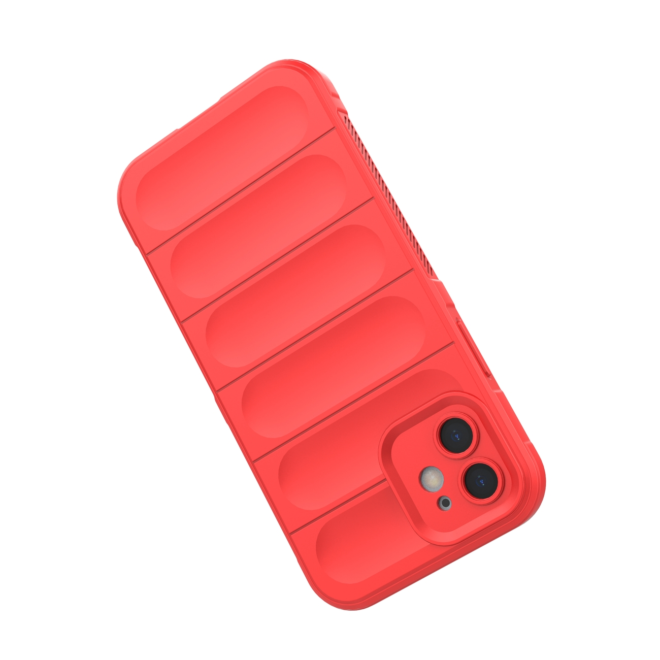 Eine rote Handyhülle mit horizontalen Rippen. Es ist für ein Telefon konzipiert.