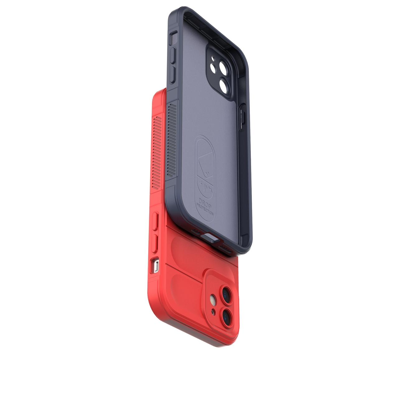 Zwei Telefonhüllen, rot und blau, gestapelt. Die blaue Hülle ist oben.
