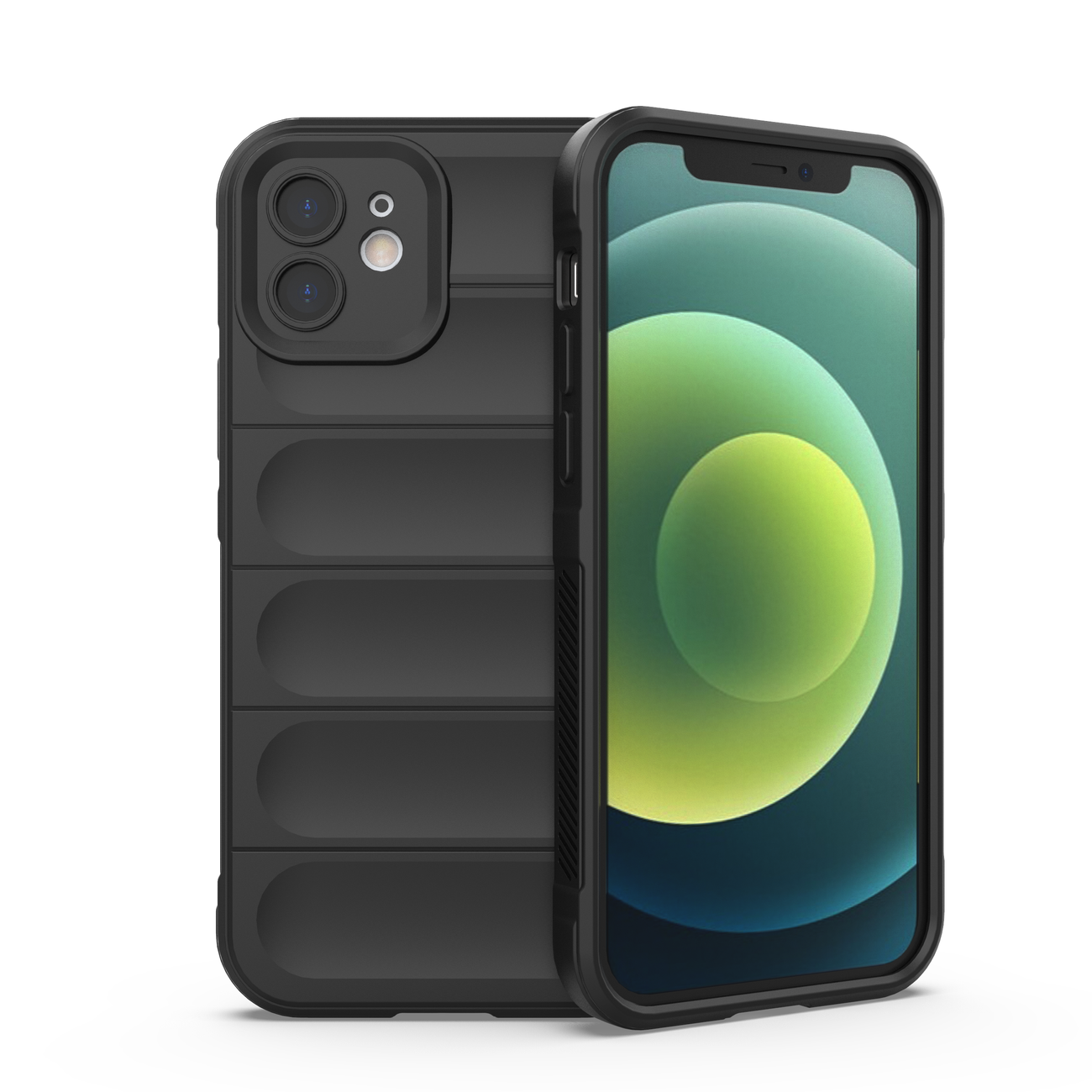 Schwarze Handyhülle mit geripptem Design. Die Kamera des Telefons ist sichtbar.