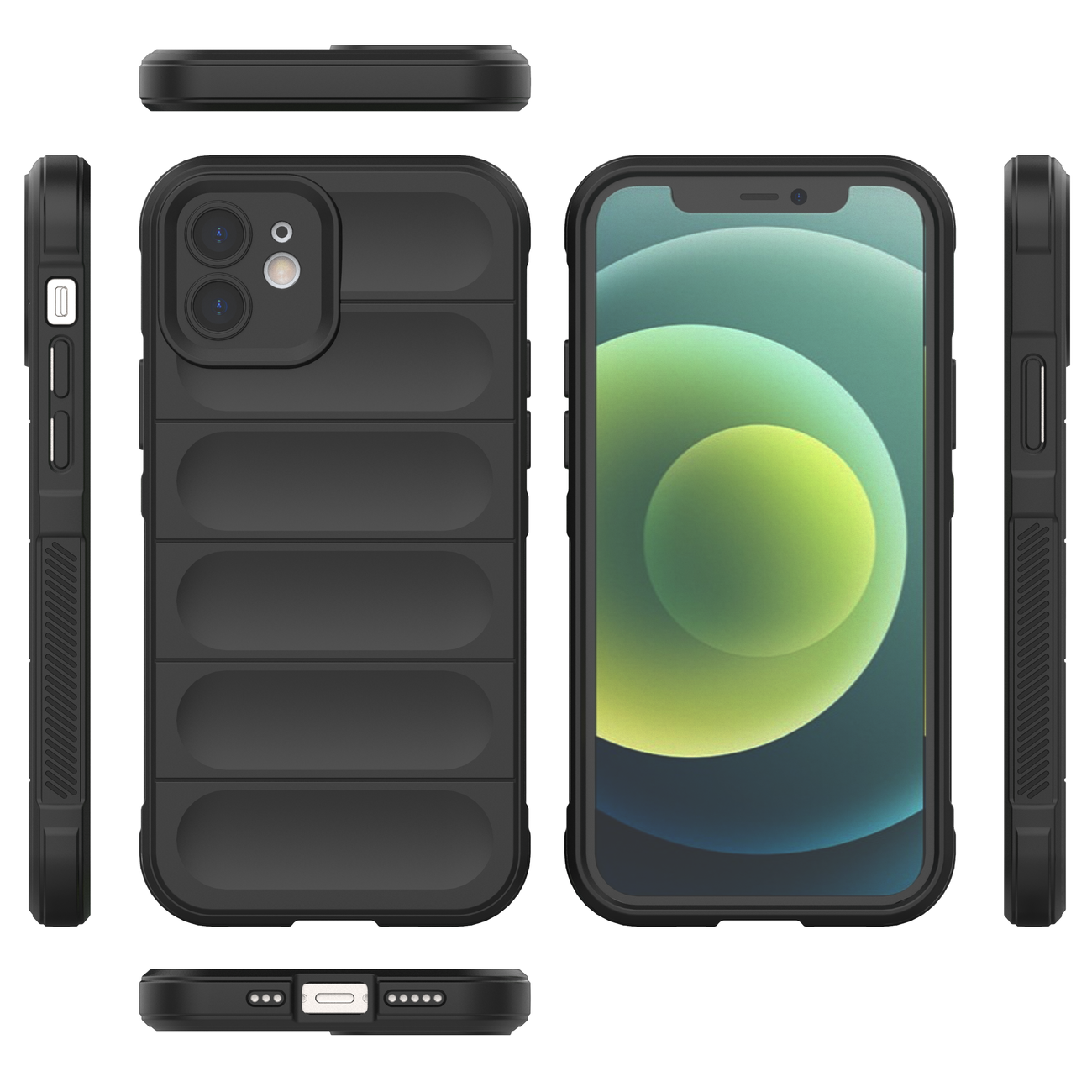 Eine schwarze Handyhülle mit strukturiertem Design, die das Telefon aus mehreren Blickwinkeln zeigt, auf weißem Hintergrund.