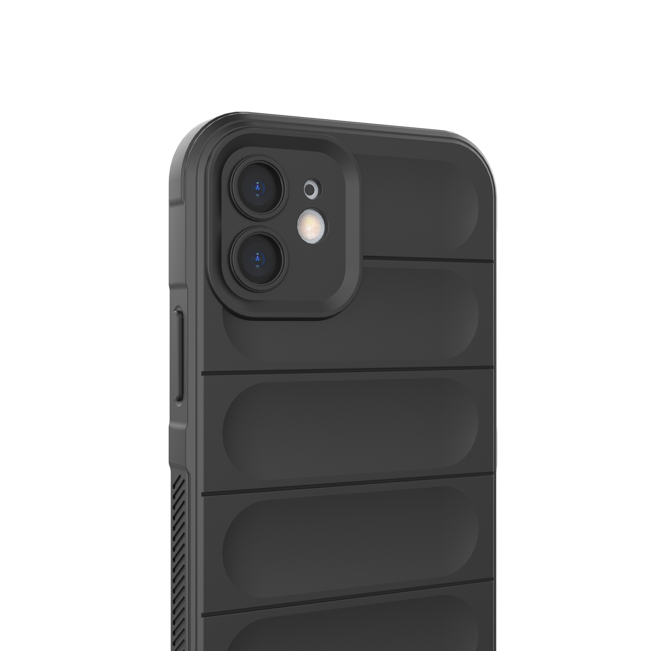 Eine schwarze Handyhülle mit einem einzigartigen Design, das horizontale Rippen auf der Rückseite und einen Kamerabereich aufweist.