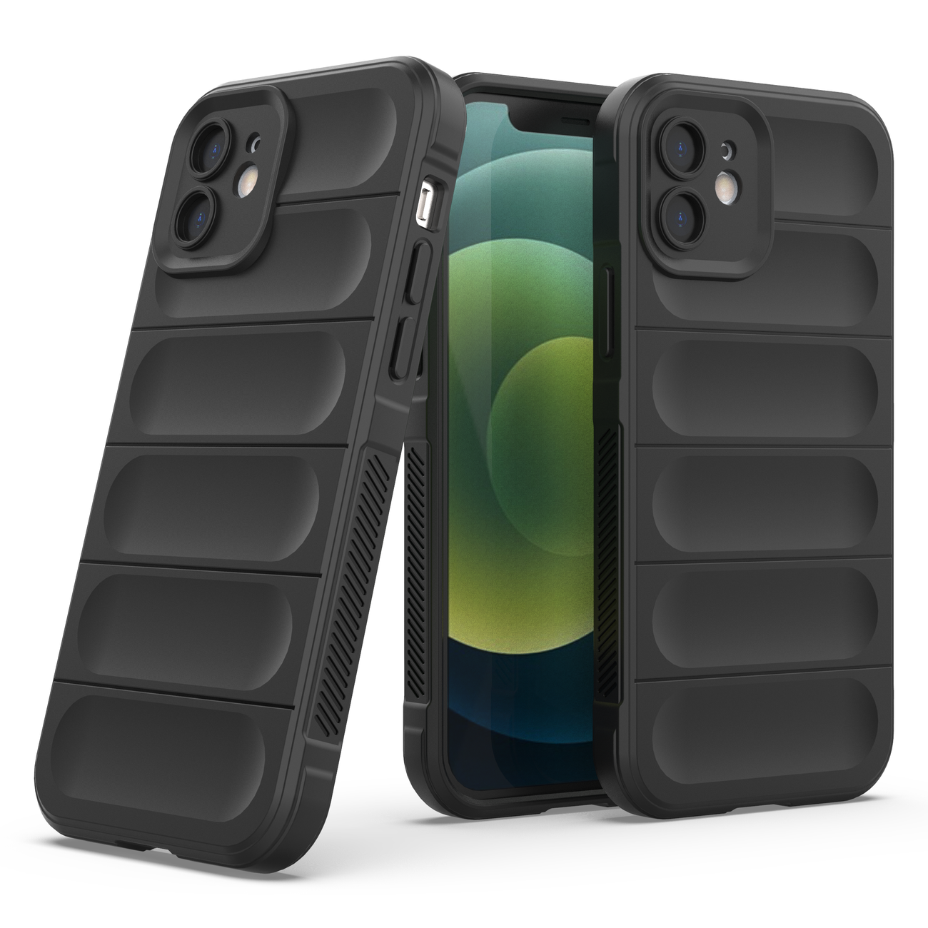Drei schwarze Telefonhüllen mit gerilltem Design, eine mit Telefon darin.