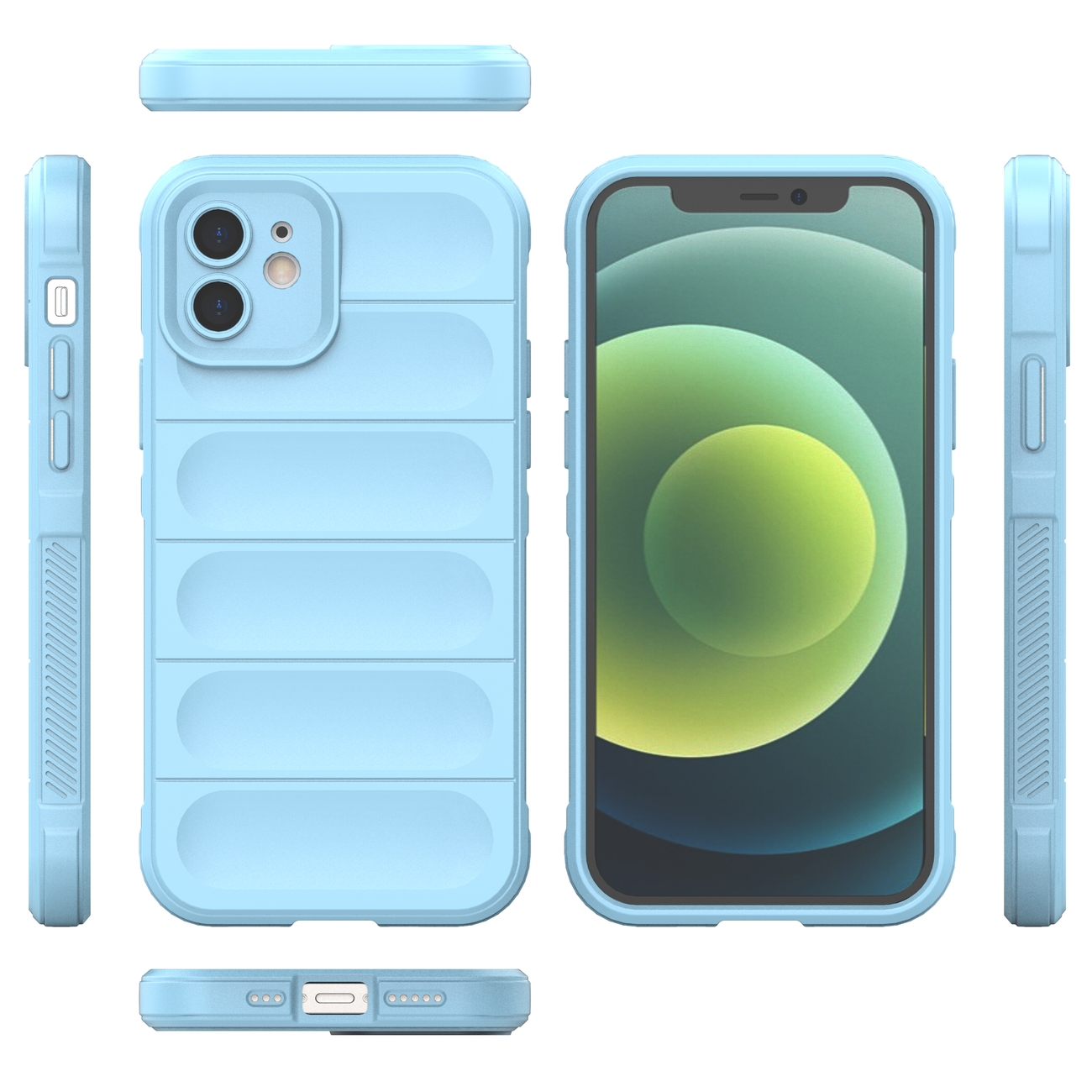 Hellblaue Handyhülle mit gestepptem Design. Sie schützt das Telefon mit mehreren Schichten.