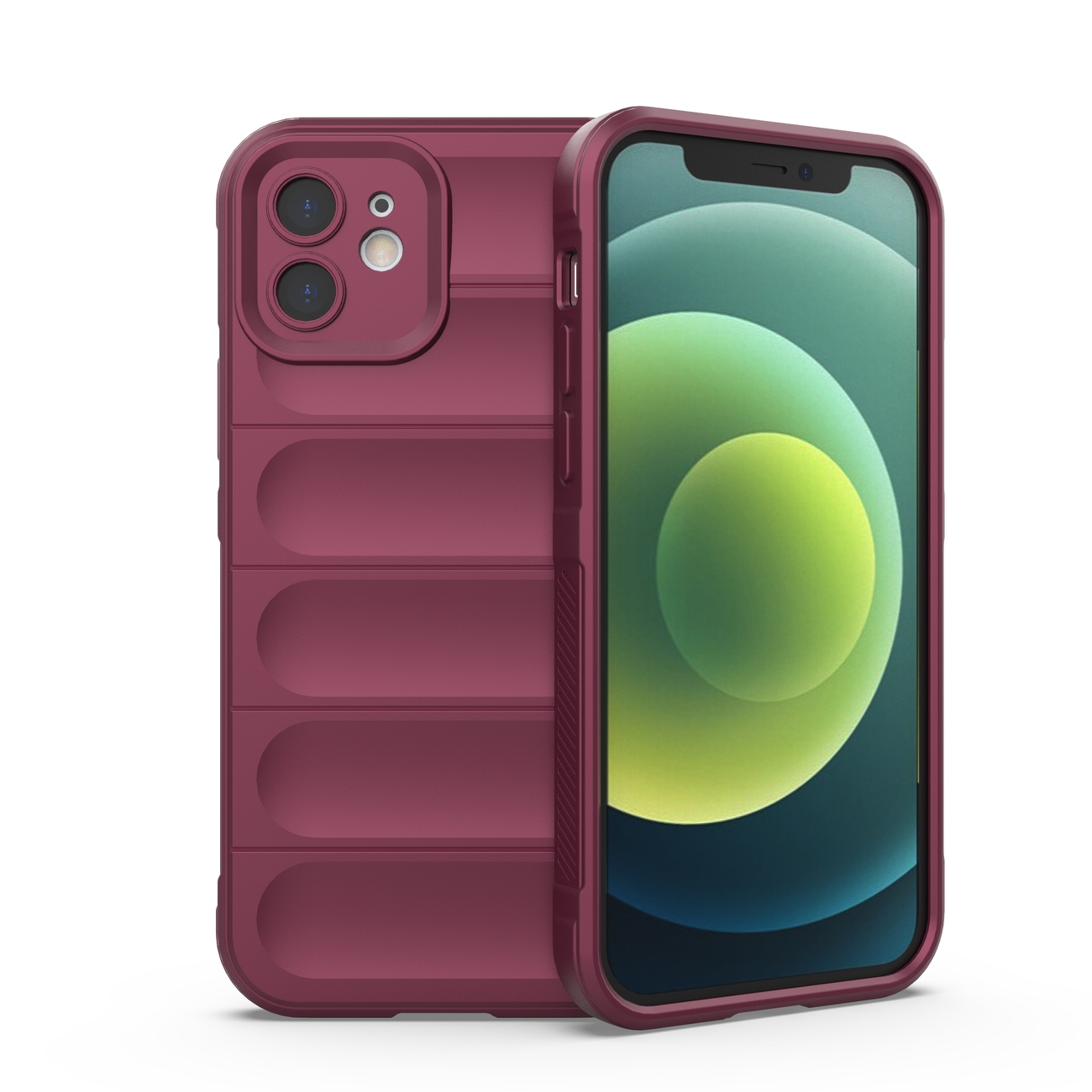 Burgunderfarbene Handyhülle mit geripptem Design. Das Telefon ist teilweise rechts sichtbar.