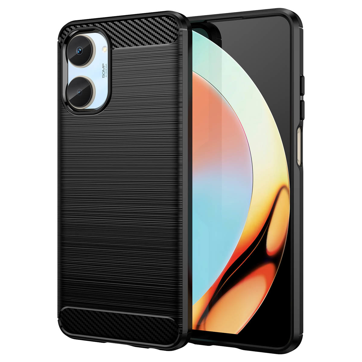 Schwarze Handyhülle auf weißem Untergrund. Strukturiert mit einem Karbonfasermuster. Telefon mit Kamera ist innen.