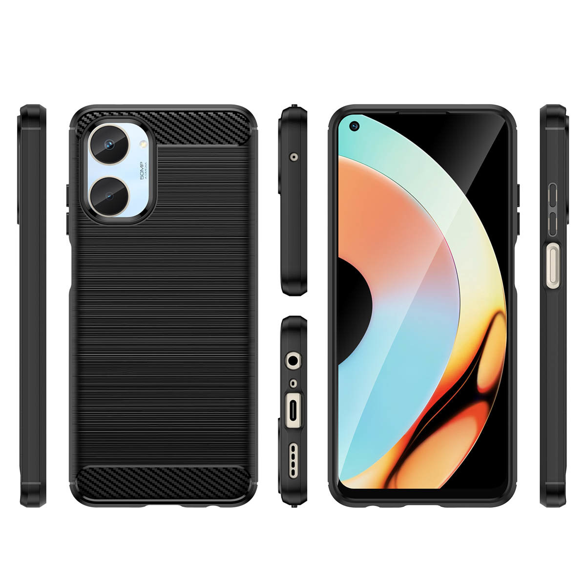 Schwarzes Telefon mit Hülle. Mehrere Winkel gezeigt. Hülle mit strukturiertem Muster.