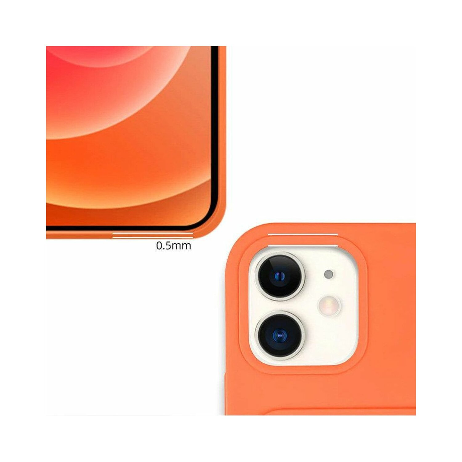 Nahaufnahme einer orangefarbenen Handyhülle mit Kameraausschnitt und 0,5 mm Maß.