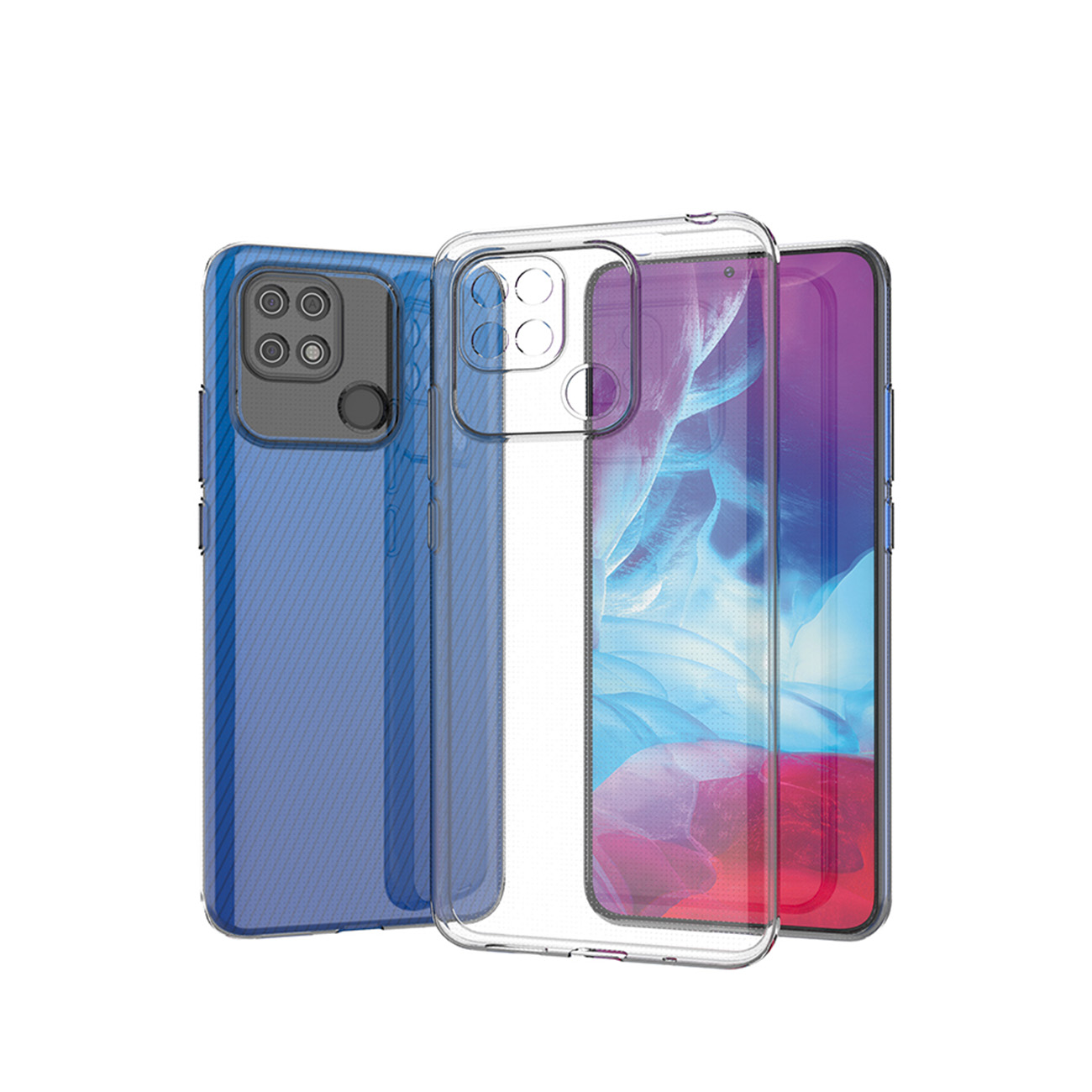 Drei Handyhüllen: blau, klar und ein Handy. Die blaue Hülle ist links, die klare in der Mitte und das Handy rechts.