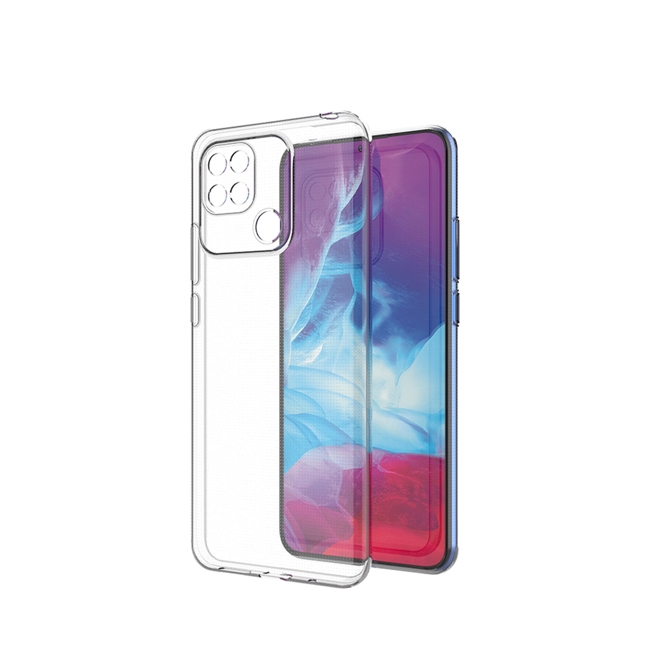 Transparente Handyhülle mit Telefon, zeigt Kamera und Bildschirm.