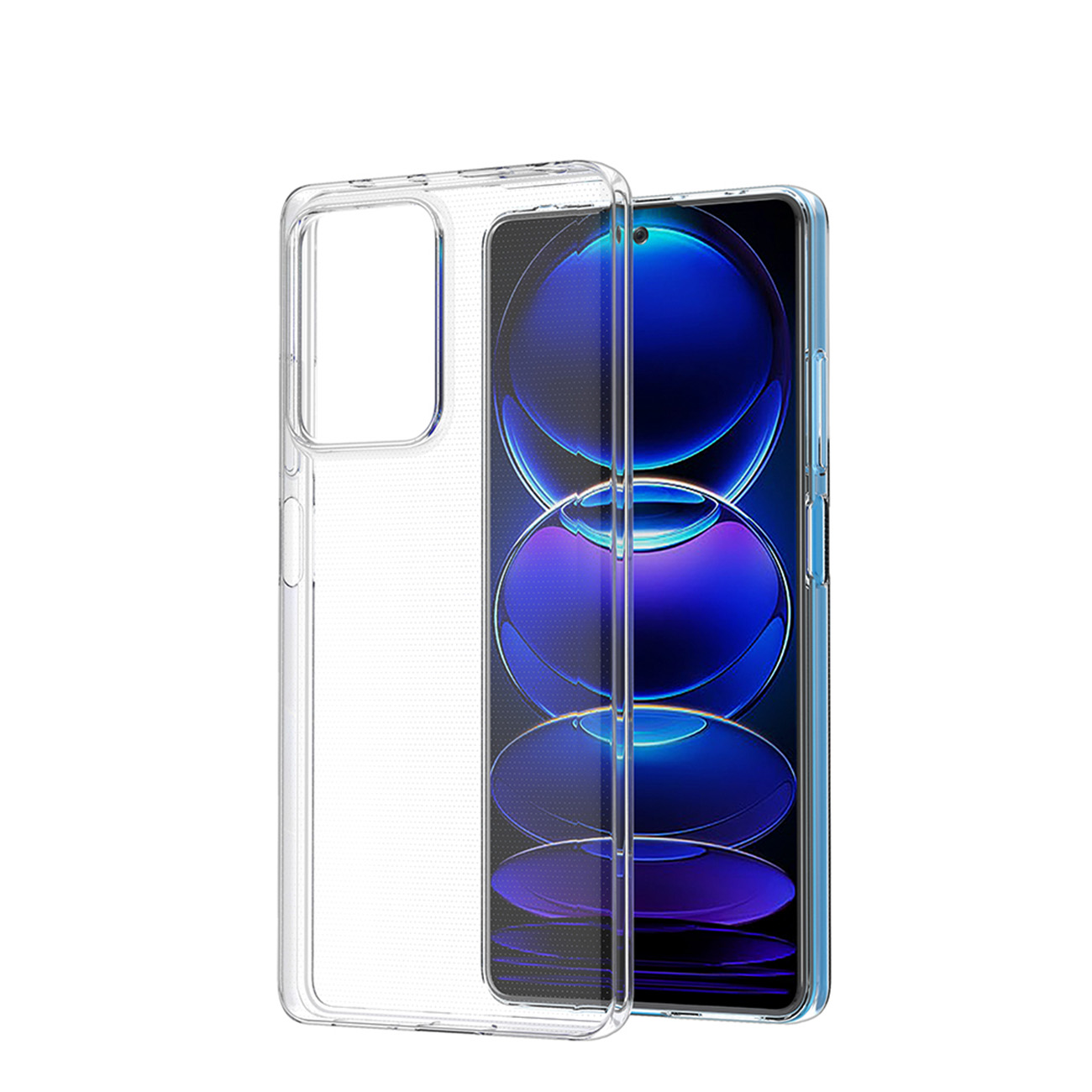 Ein Telefon mit transparenter Hülle, das Telefon ist blau und schwarz.