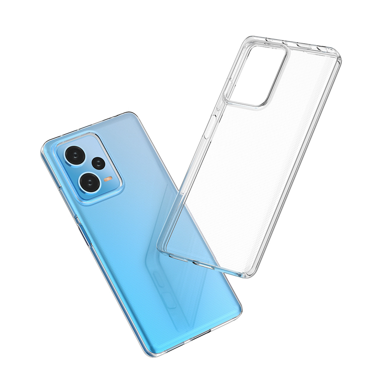 Transparente Handyhülle mit Telefon. Das Telefon ist blau mit Kamera und Blitz. Die Hülle ist offen.