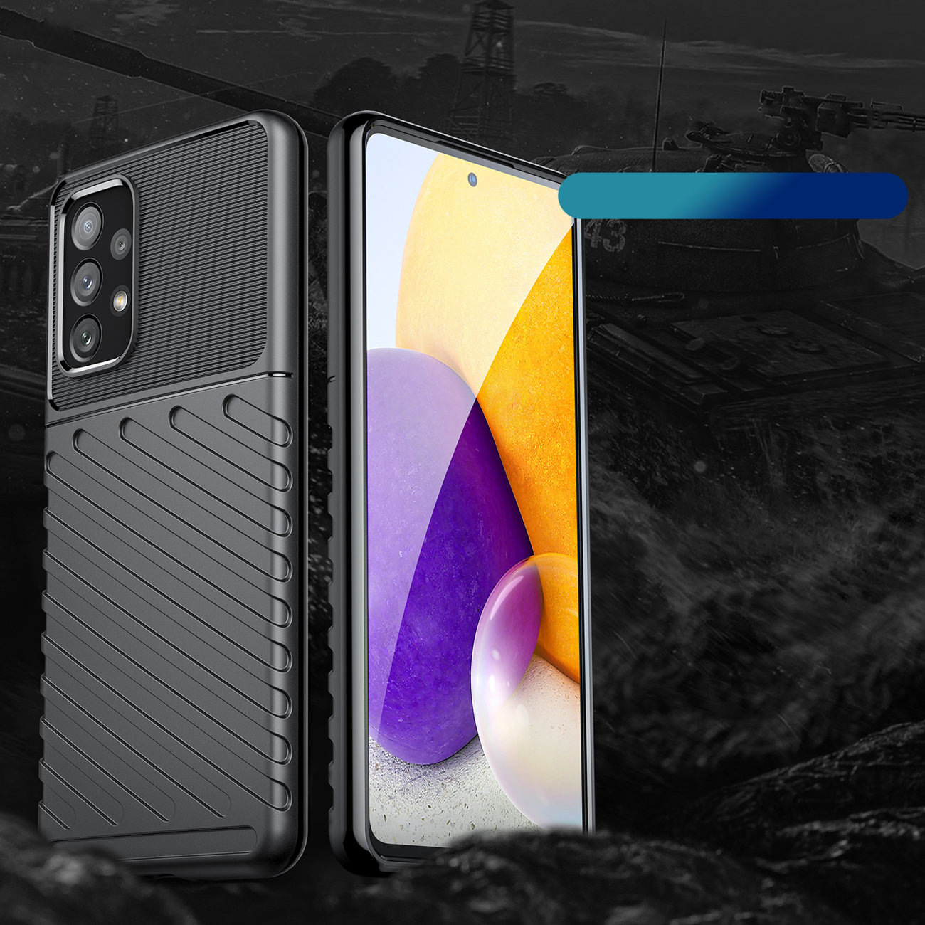 Eine schwarze Handyhülle mit strukturiertem Design. Ein Telefonbildschirm ist sichtbar.