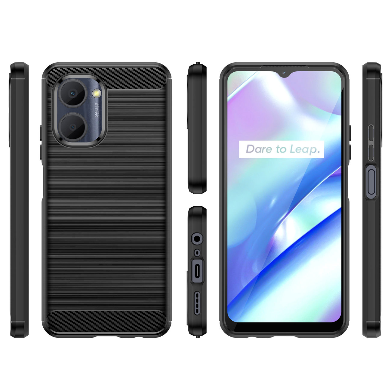 Handyhülle mit mehreren Ansichten. Schwarze Hülle mit strukturiertem Design. Telefonbildschirm ist sichtbar.