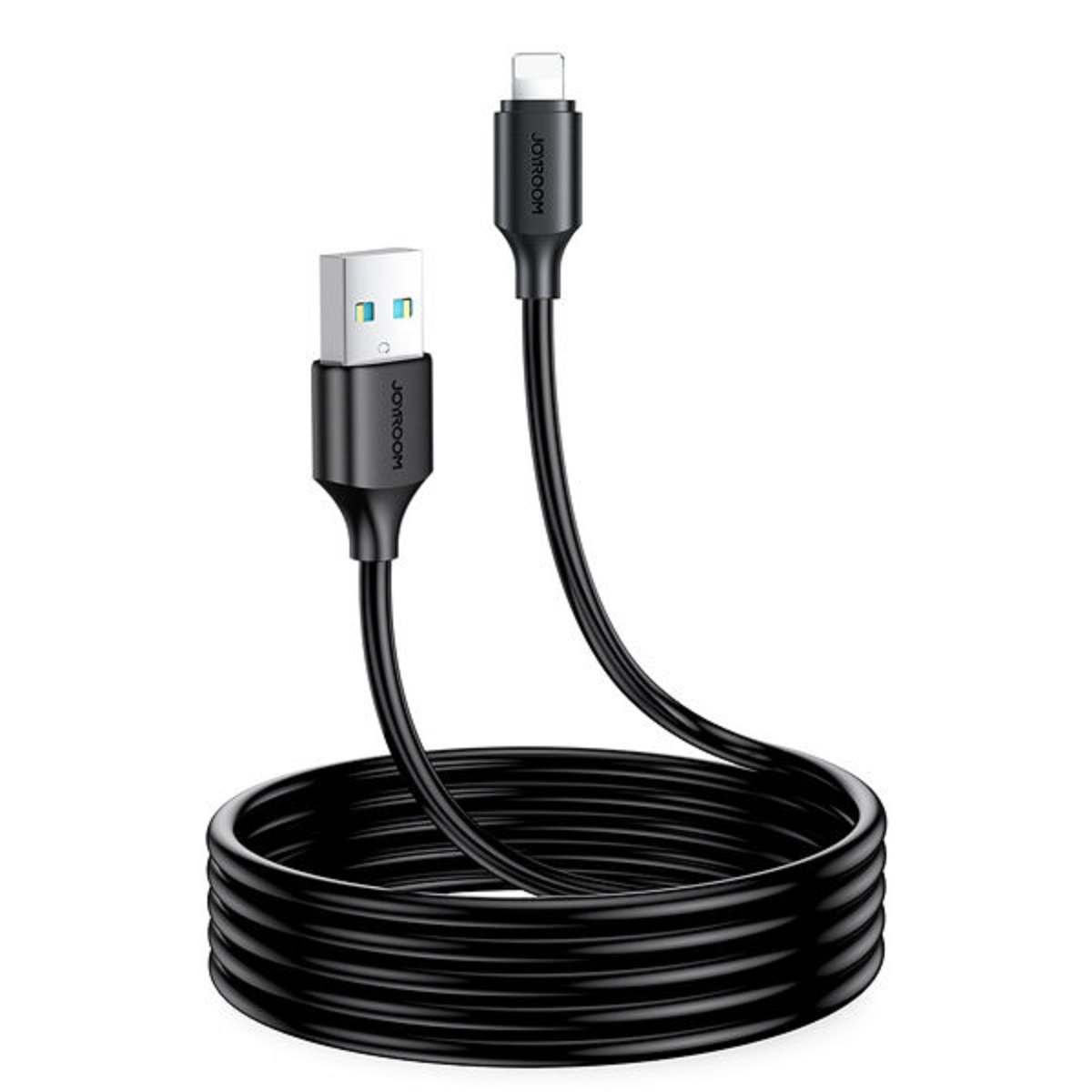 Schwarzes JORROOM Lightning-Kabel, aufgerollt, mit USB- und Lightning-Anschlüssen.
