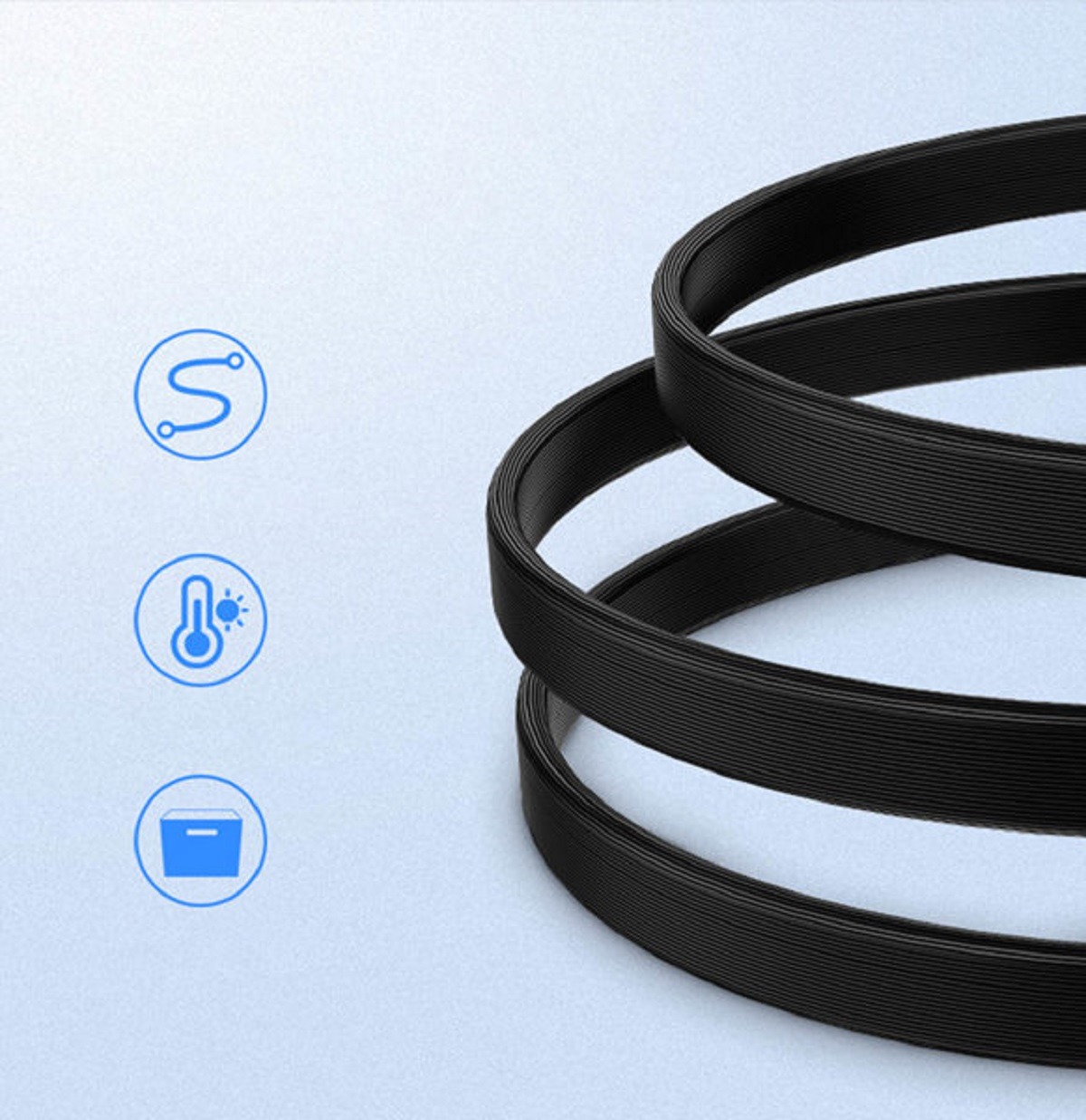Zbliżenie na czarny kabel z trzema ikonami: falista linia, termometr i pudełko.