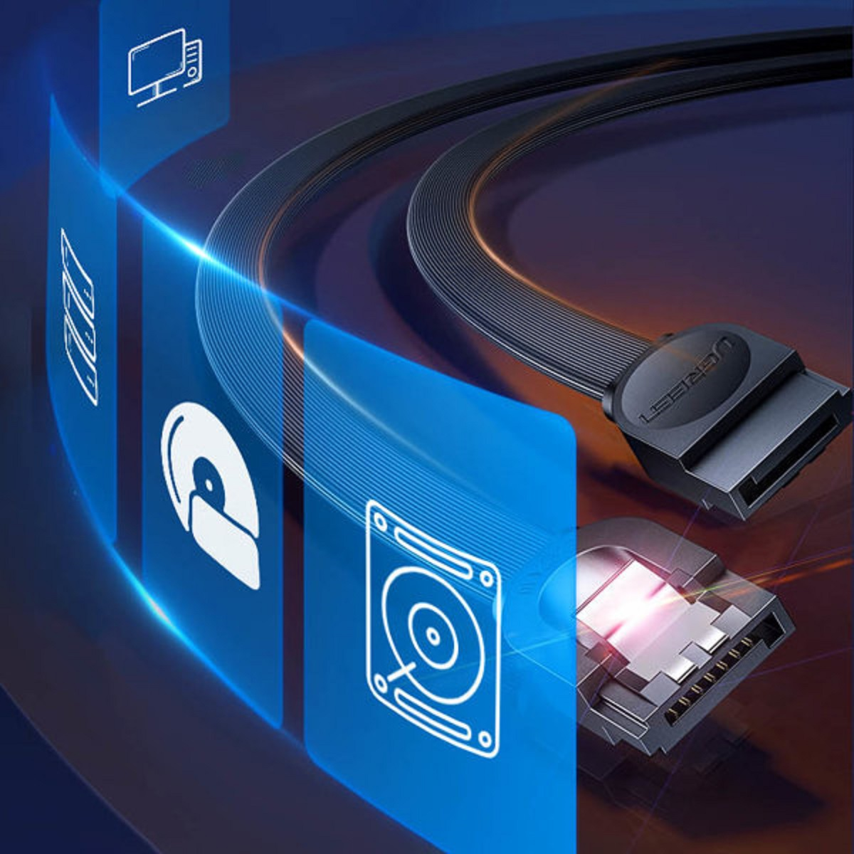 Czarny kabel SATA z różnymi ikonami technologicznymi. Jest też złącze SATA i dysk twardy.