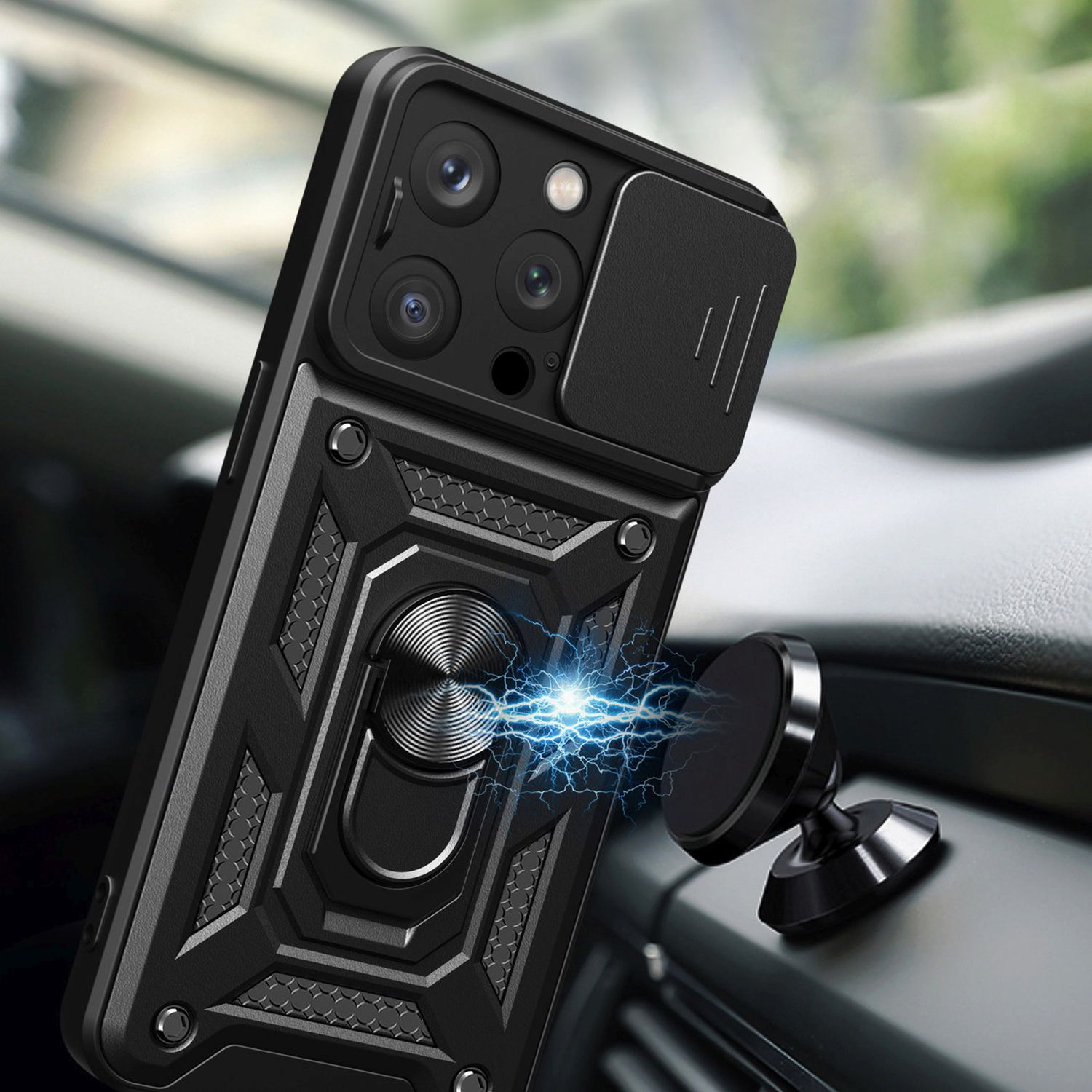 Schwarze Handyhülle mit Kameraabdeckung, befestigt an einer Autohalterung. Blitz-Effekt.