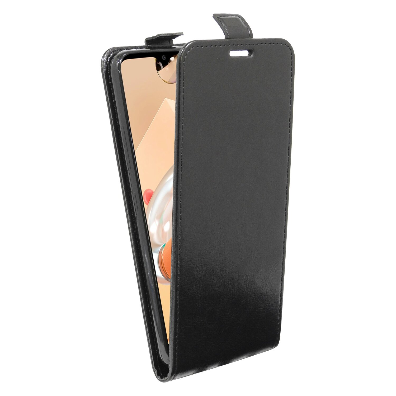 Schwarze Handyhülle mit offenem schwarzem Deckel, der einen Smartphone-Bildschirm zeigt.