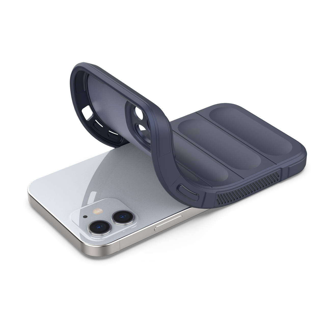 Ein Telefon, das von einer dunkelblauen Handyhülle bedeckt wird. Die Hülle ist offen und das Telefon ist silber.