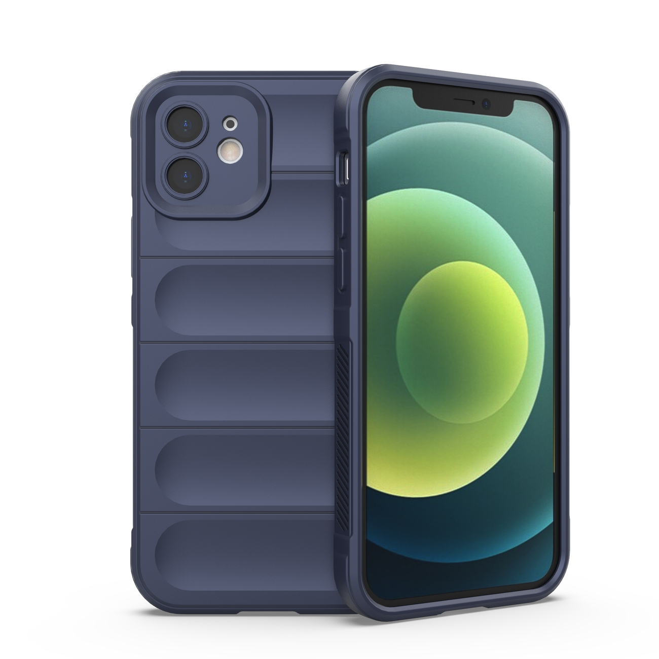 Blaue iPhone-Hülle. Hat eine strukturierte Rückseite und bedeckt die Kanten. Telefon teilweise sichtbar.