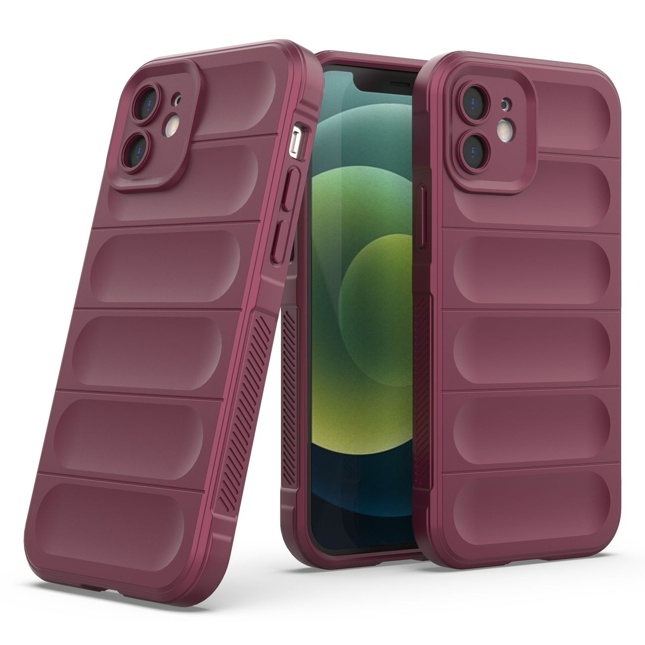 Drei weinrote Handyhüllen mit einem Handy darin. Die Hüllen haben ein geripptes Design. Der Telefonbildschirm ist grün.