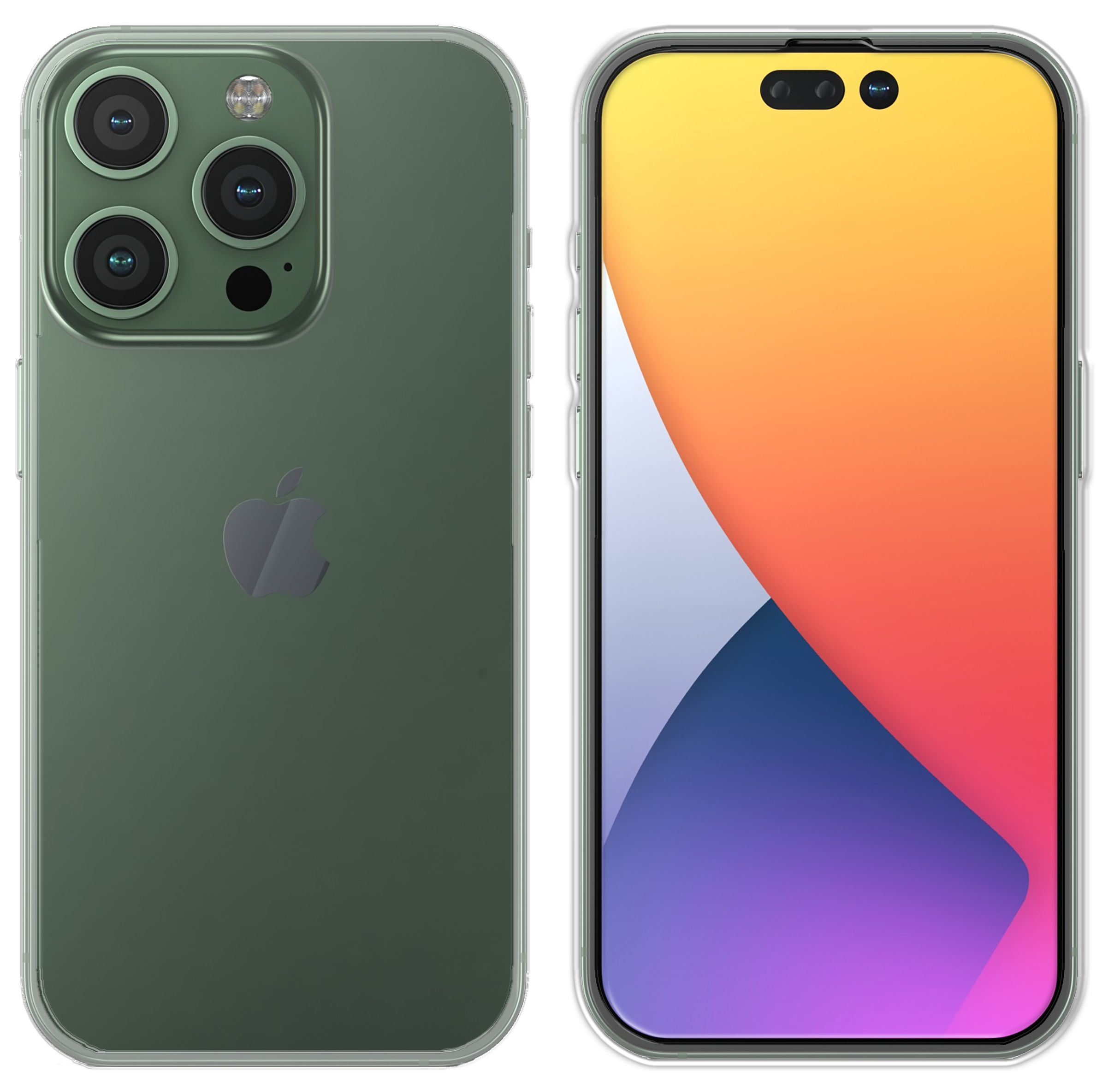 Grünes Telefon mit transparenter Hülle. Der Bildschirm zeigt einen bunten abstrakten Farbverlauf.