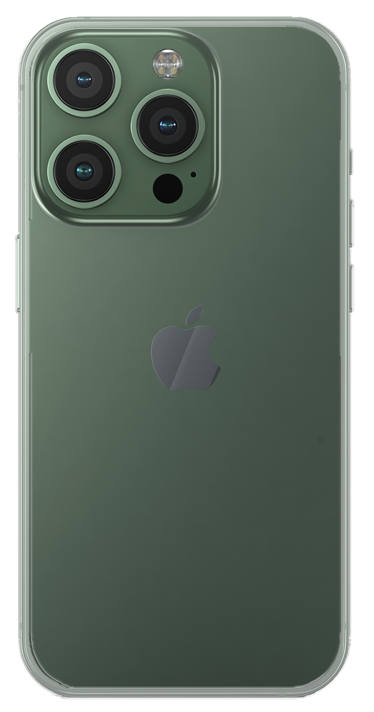 Grünes iPhone mit durchsichtiger Hülle. Die Rückseite hat drei Kameras und ein graues Apple-Logo.