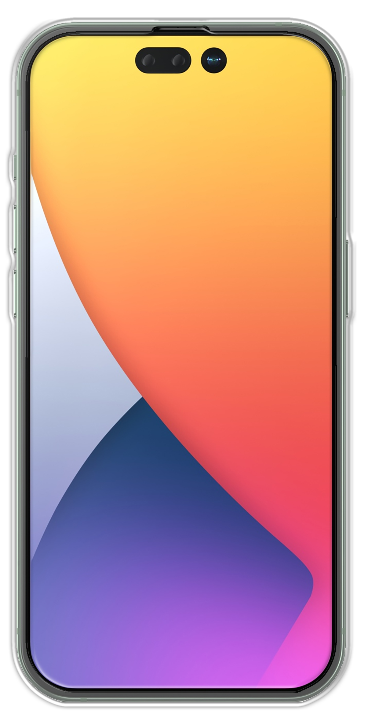 Ein Smartphone mit farbenfrohem Hintergrundbild in einer transparenten Schutzhülle.