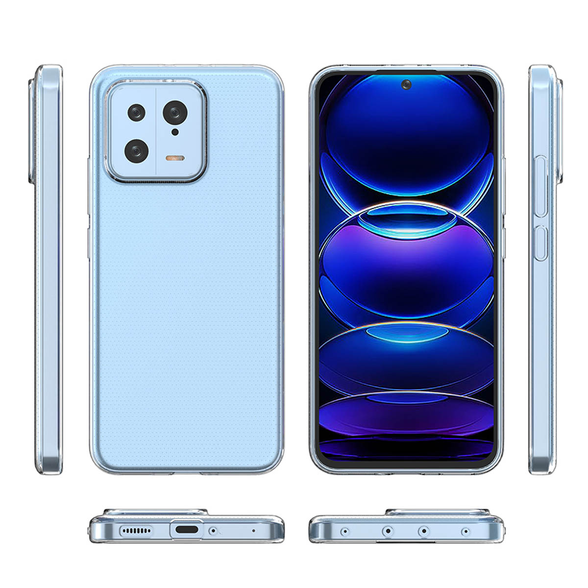 Telefon in hellblauer Hülle. Seiten-, Ober- und Unteransicht. Merkmale: Kamera und Tasten.