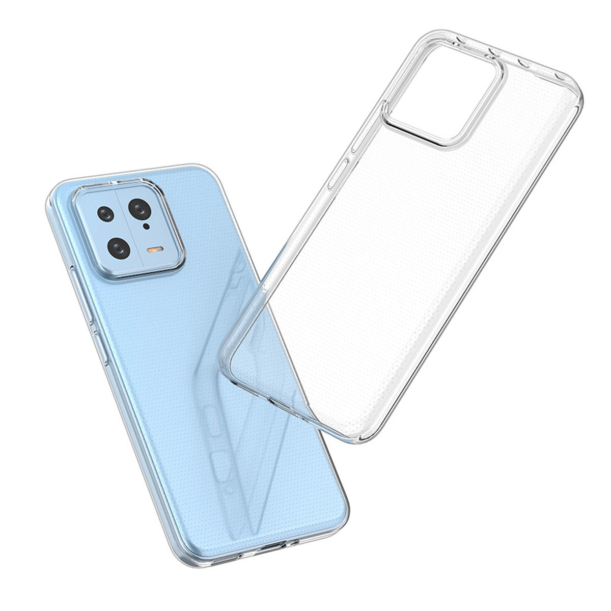 Zwei transparente Handyhüllen, eine auf einem hellblauen Telefon und eine abgelöst, zeigen ihr transparentes Design.