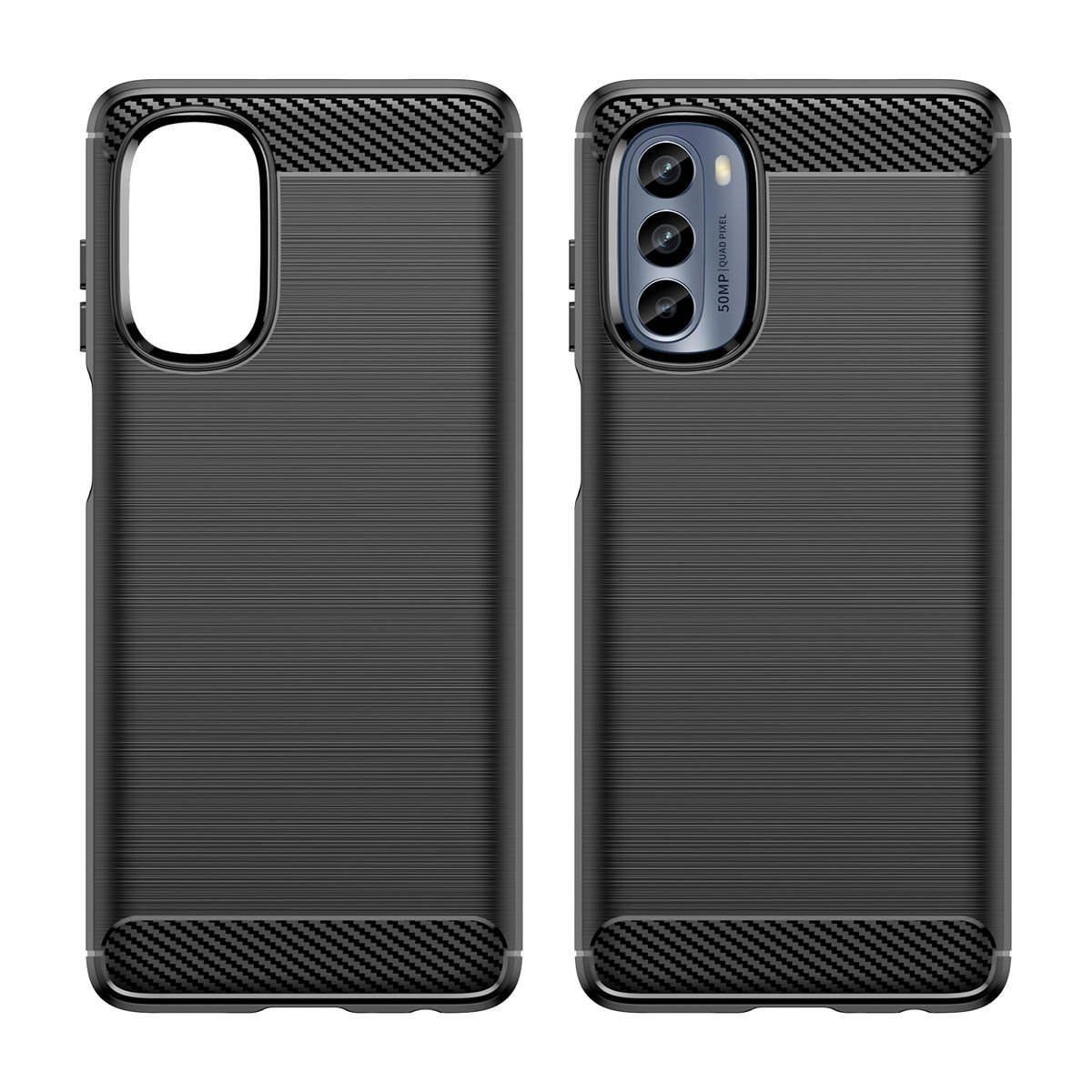 Schwarze Handyhülle mit Carbonfaser-Design auf weißer Oberfläche.