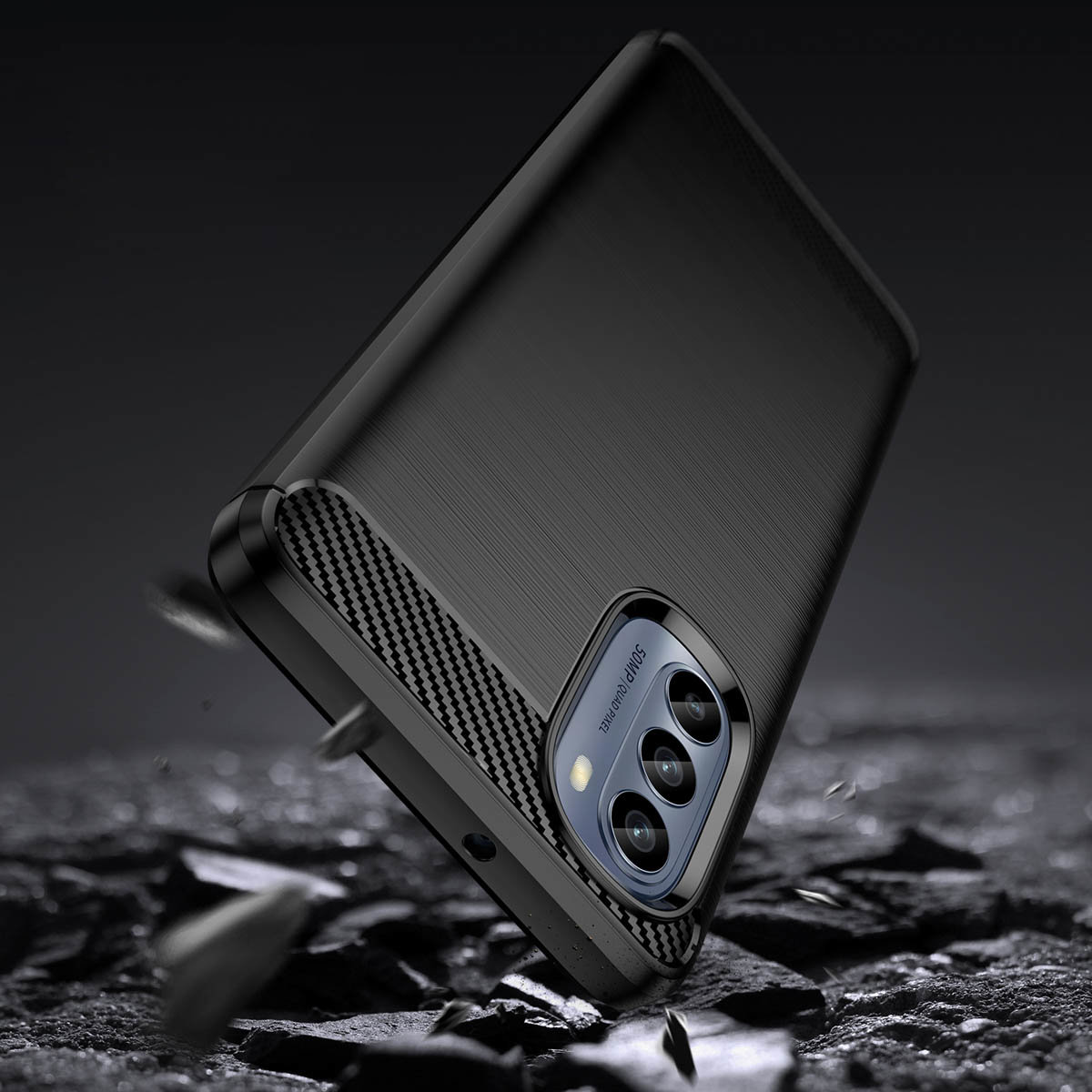 Eine schwarze Telefonhülle mit Kamerabereich. Die Telefonhülle fällt.
