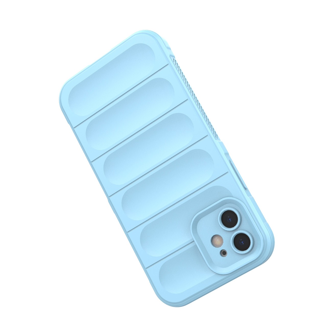 Hellblaue Handyhülle mit horizontalen Rippen. Die Handyhülle bedeckt Rückseite und Seiten.