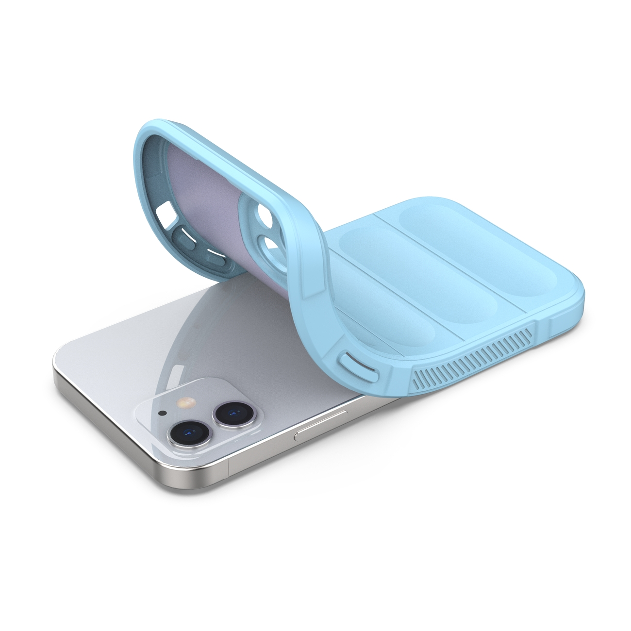 Blaue Handyhülle wird von einem Telefon abgezogen. Die Hülle ist hellblau und hat ein strukturiertes Design.